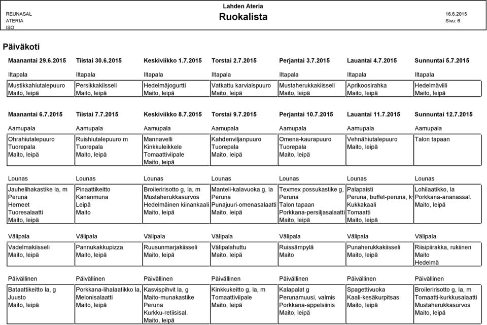 7.2015 Tiistai 7.7.2015 Keskiviikko 8.7.2015 Torstai 9.7.2015 Perjantai 10.7.2015 Lauantai 11.7.2015 Sunnuntai 12.7.2015 Ohrahiutalepuuro Ruishiutalepuuro m Mannavelli Kahdenviljanpuuro