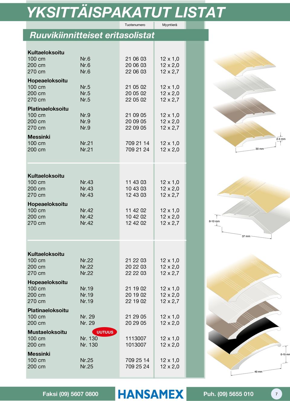 9 20 09 05 12 x 2,0 270 cm Nr.9 22 09 05 12 x 2,7 Messinki 100 cm Nr.21 709 21 14 12 x 1,0 200 cm Nr.21 709 21 24 12 x 2,0 30 mm 2-4 mm Kultaeloksoitu 100 cm Nr.43 11 43 03 12 x 1,0 200 cm Nr.