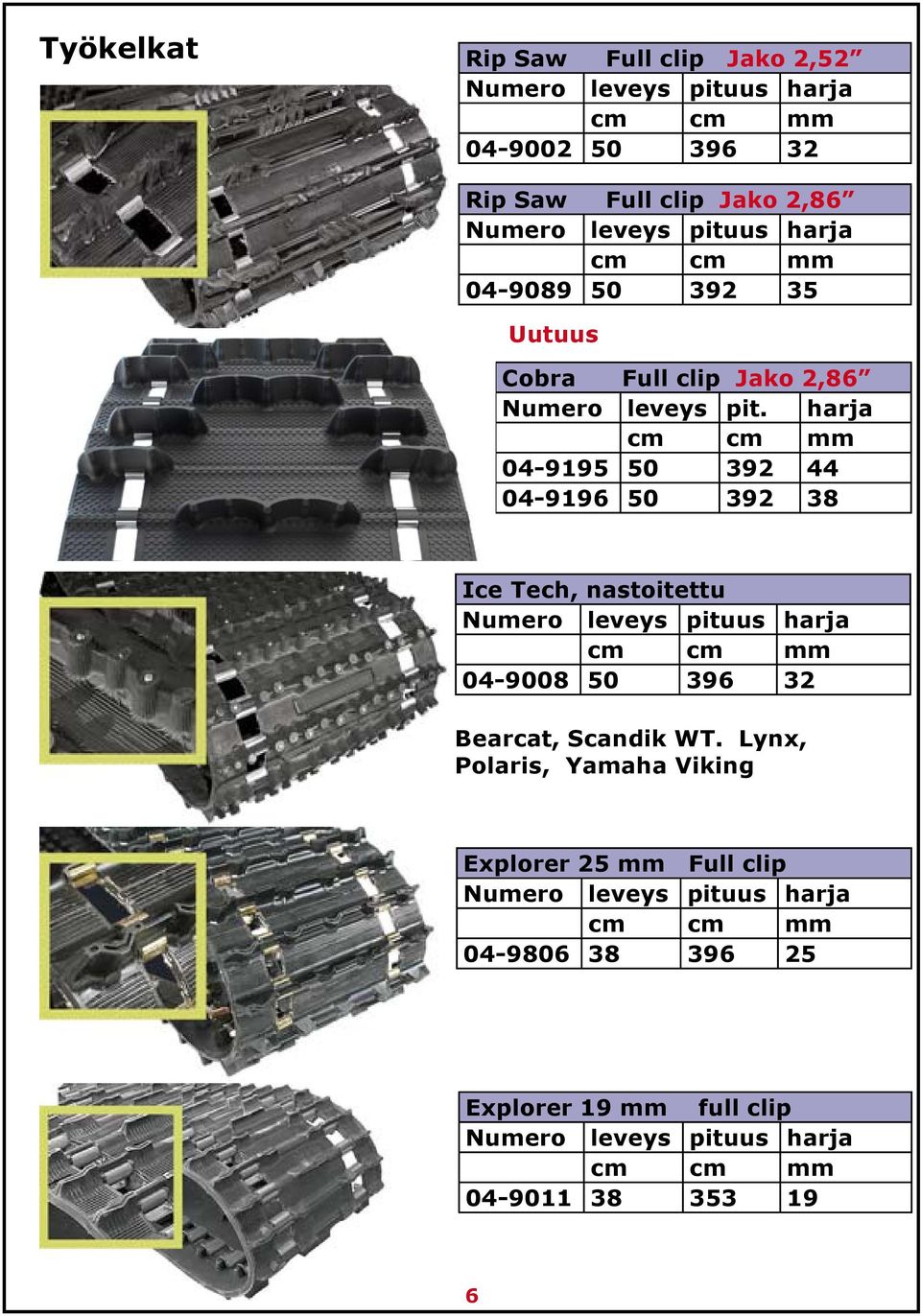 harja cm cm mm 04-9195 50 392 44 04-9196 50 392 38 Ice Tech, nastoitettu Numero leveys pituus harja cm cm mm 04-9008 50 396 32 Bearcat,