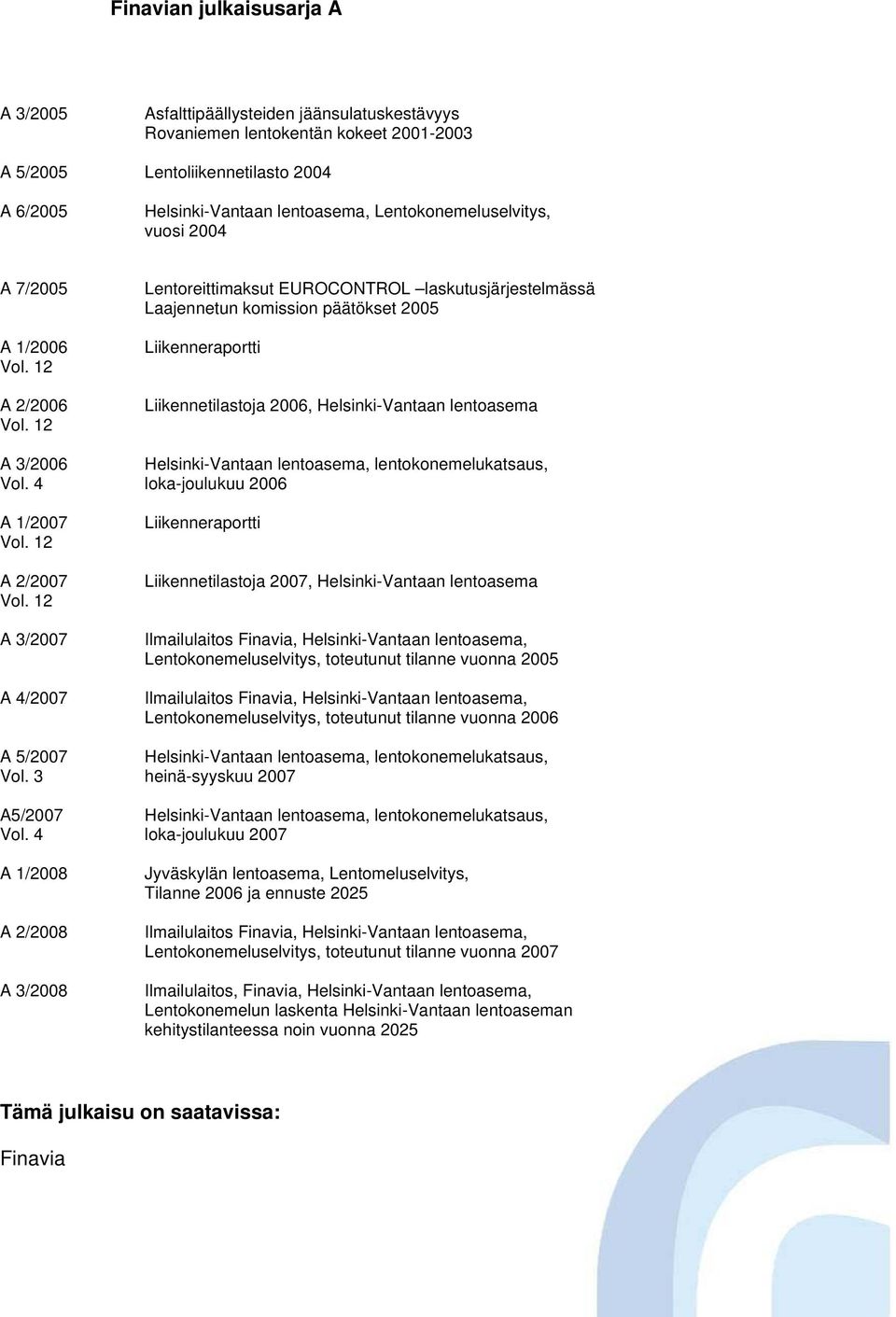 4 A 1/2008 A 2/2008 A 3/2008 Lentoreittimaksut EUROCONTROL laskutusjärjestelmässä Laajennetun komission päätökset 2005 Liikenneraportti Liikennetilastoja 2006, Helsinki-Vantaan lentoasema