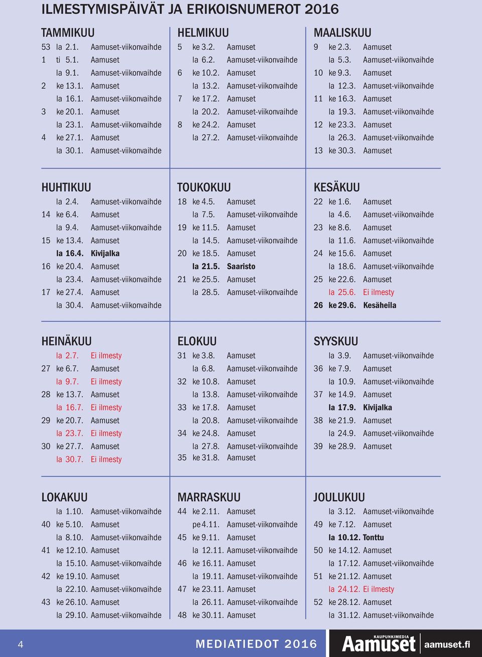 3. 13 ke 30.3. Aamuset HUHTIKUU la 2.4. 14 ke 6.4. Aamuset la 9.4. 15 ke 13.4. Aamuset la 16.4. Kivijalka 16 ke 20.4. Aamuset la 23.4. 17 ke 27.4. Aamuset la 30.4. TOUKOKUU 18 ke 4.5. Aamuset la 7.5. 19 ke 11.