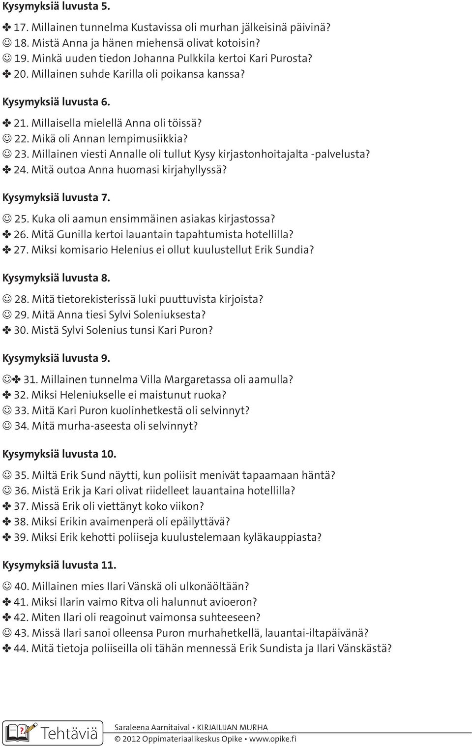 Millainen viesti Annalle oli tullut Kysy kirjastonhoitajalta -palvelusta? 24. Mitä outoa Anna huomasi kirjahyllyssä? Kysymyksiä luvusta 7. 25. Kuka oli aamun ensimmäinen asiakas kirjastossa? 26.