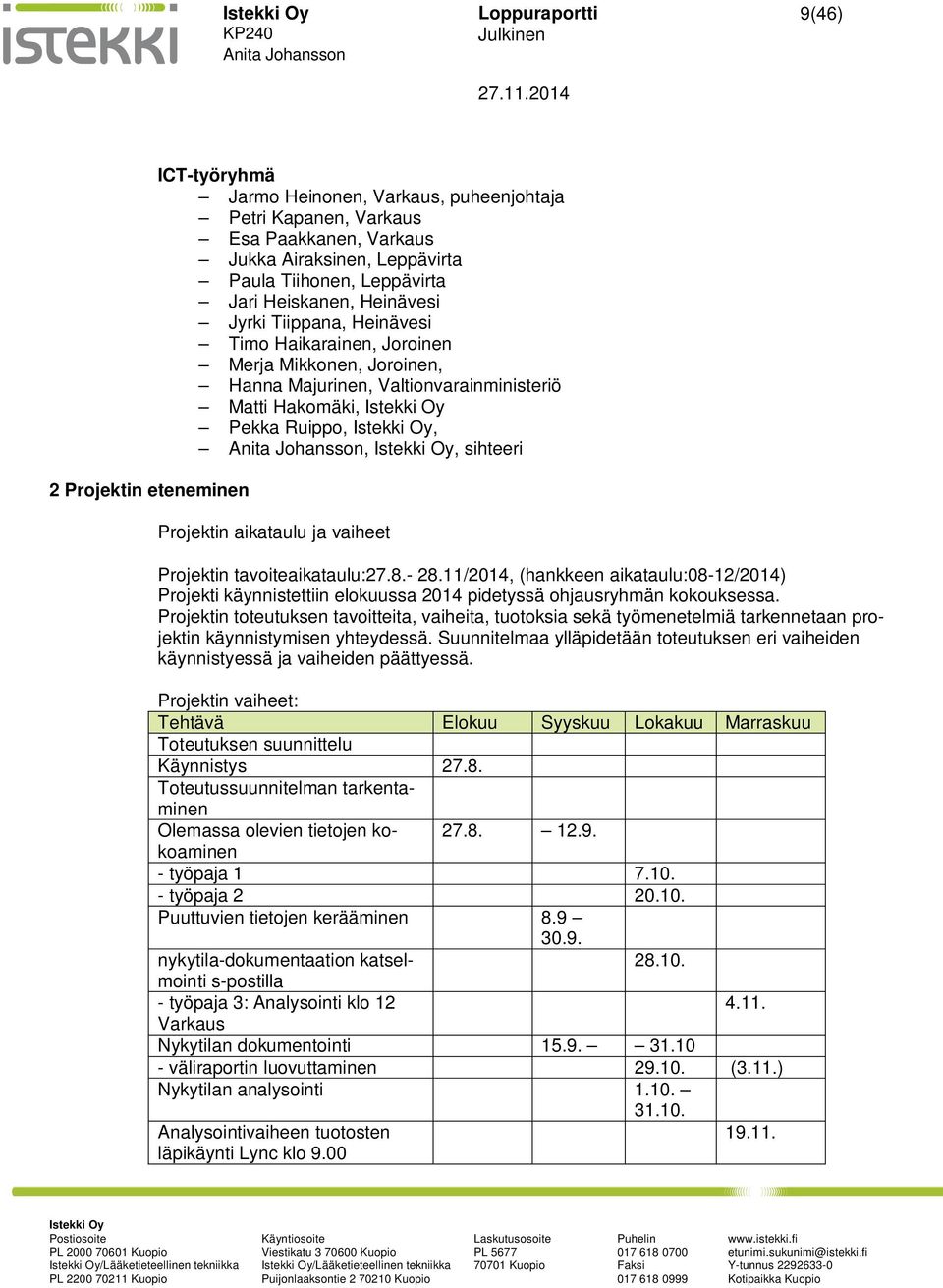 aikataulu ja vaiheet Projektin tavoiteaikataulu:27.8.- 28.11/2014, (hankkeen aikataulu:08-12/2014) Projekti käynnistettiin elokuussa 2014 pidetyssä ohjausryhmän kokouksessa.