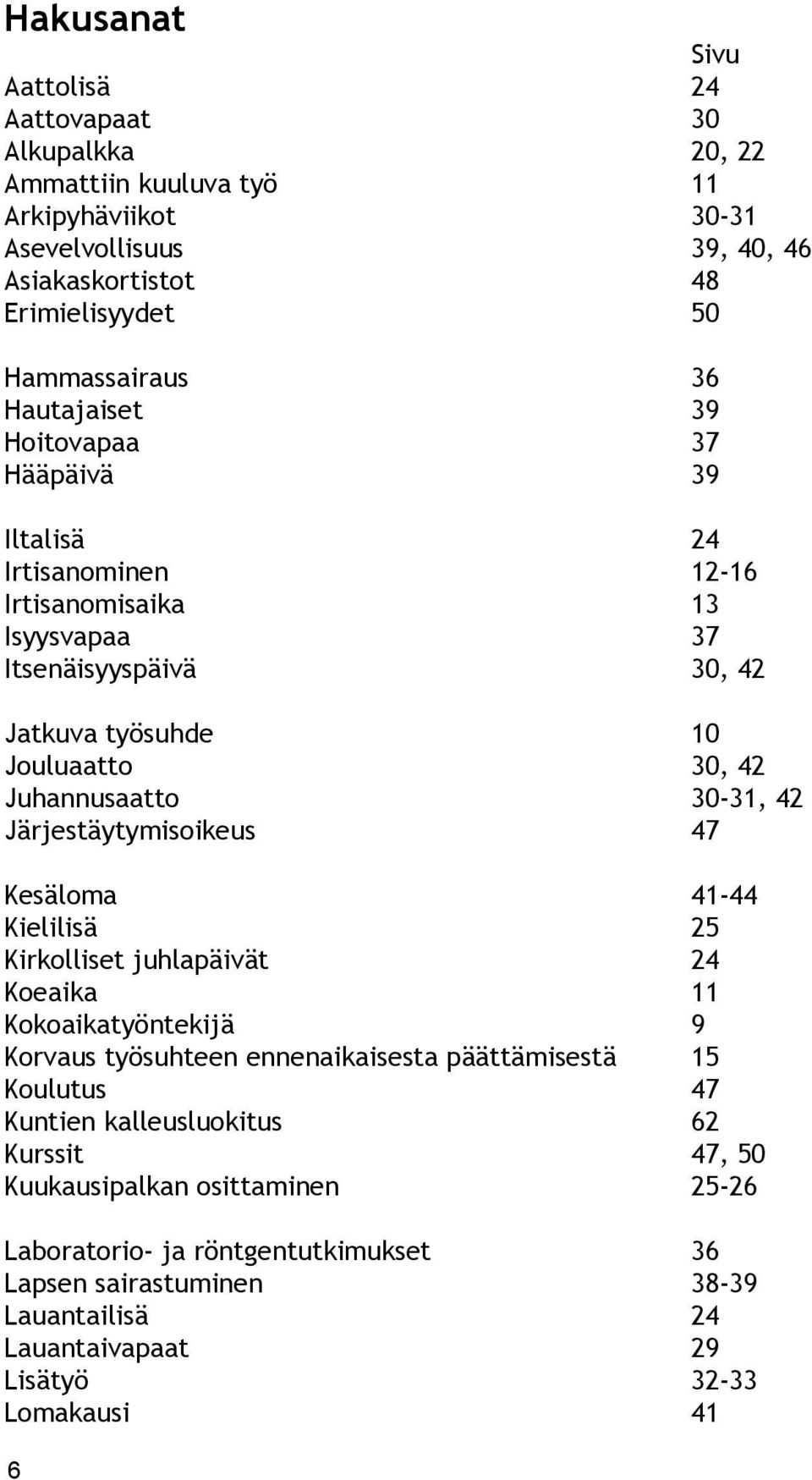 42 Järjestäytymisoikeus 47 Kesäloma 41-44 Kielilisä 25 Kirkolliset juhlapäivät 24 Koeaika 11 Kokoaikatyöntekijä 9 Korvaus työsuhteen ennenaikaisesta päättämisestä 15 Koulutus 47 Kuntien