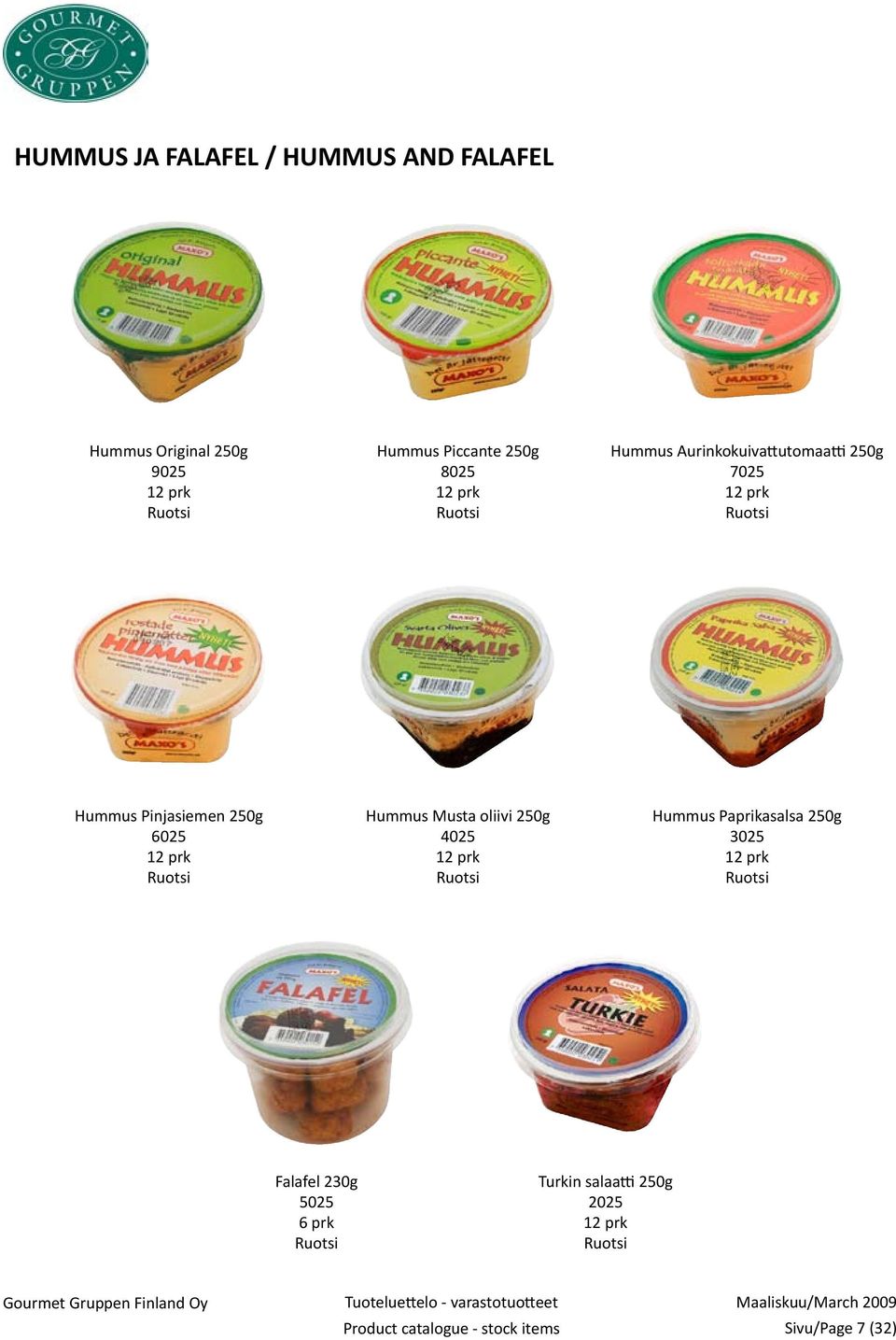Ruotsi Hummus Musta oliivi 250g 4025 12 prk Ruotsi Hummus Paprikasalsa 250g 3025 12 prk Ruotsi Falafel