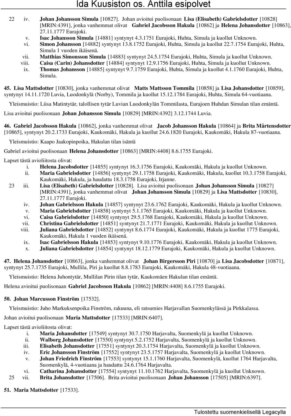 3.1751 Eurajoki, Huhta, Simula ja kuollut Unknown. vi. Simon Johansson [14882] syntynyt 13.8.1752 Eurajoki, Huhta, Simula ja kuollut 22.7.1754 Eurajoki, Huhta, Simula 1 vuoden ikäisenä. vii.