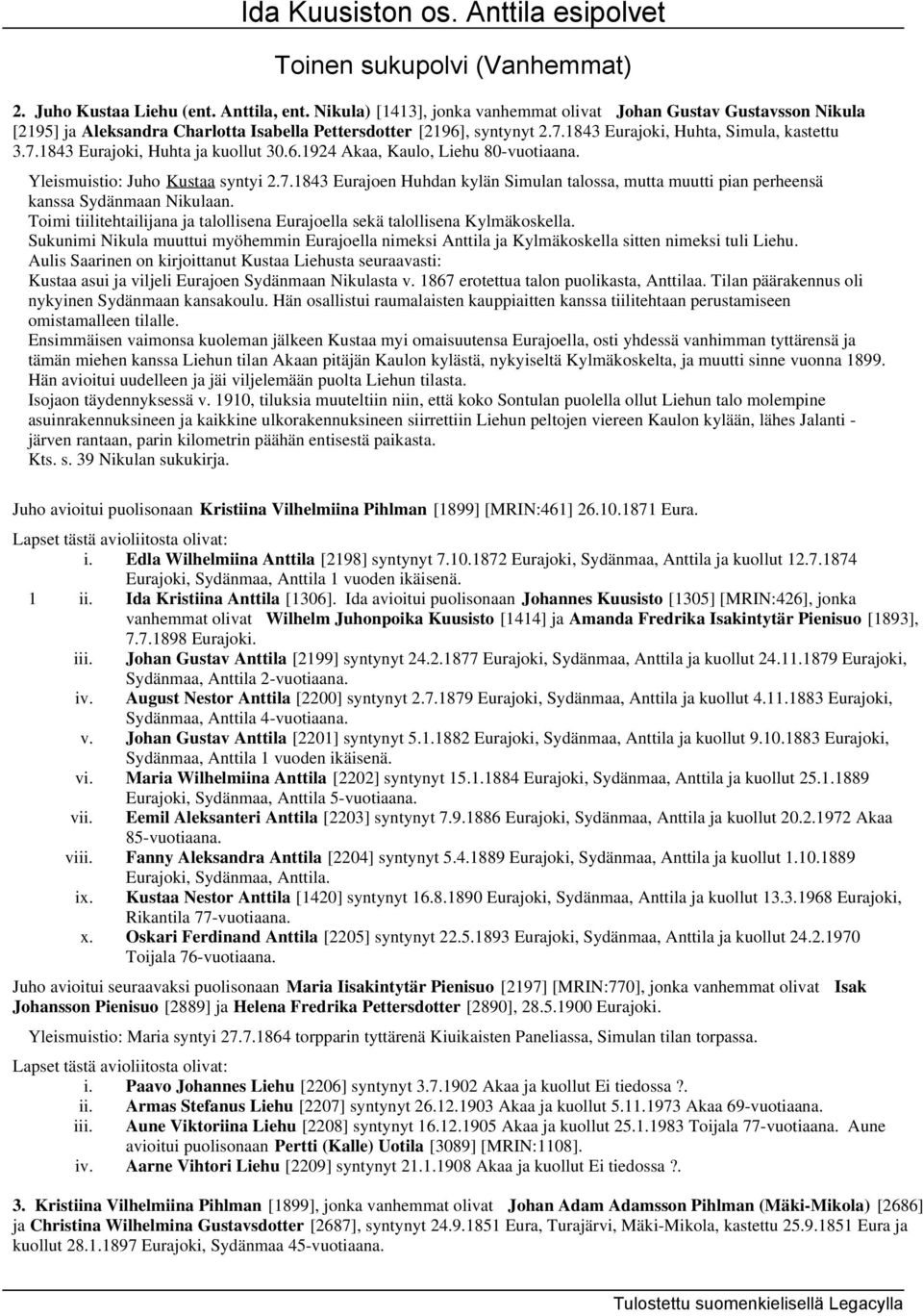 6.1924 Akaa, Kaulo, Liehu 80-vuotiaana. Yleismuistio: Juho Kustaa syntyi 2.7.1843 Eurajoen Huhdan kylän Simulan talossa, mutta muutti pian perheensä kanssa Sydänmaan Nikulaan.