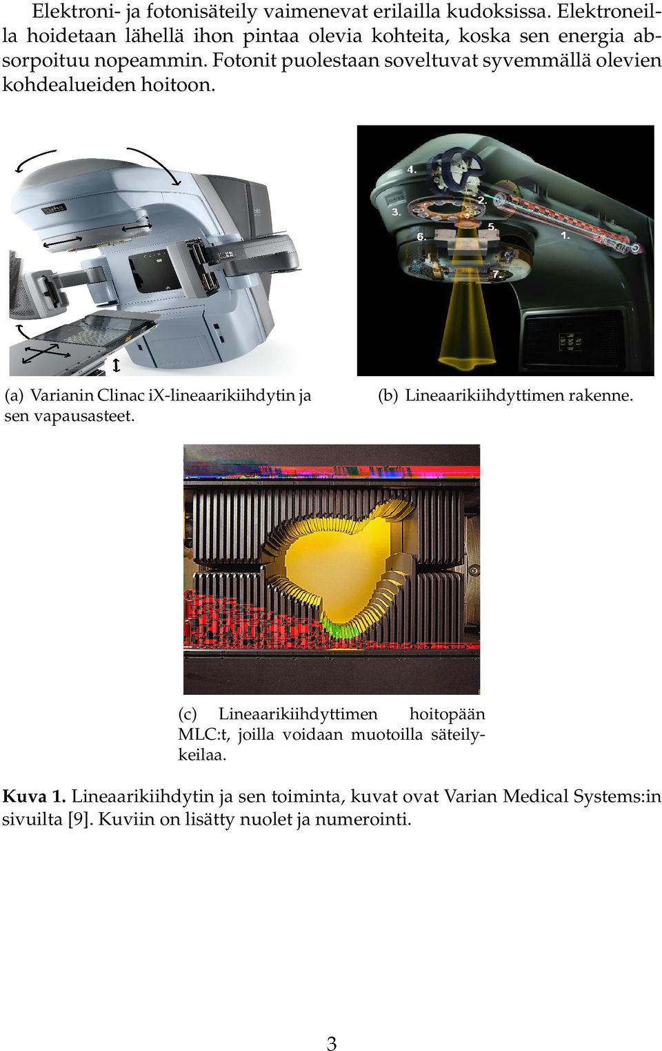 Fotonit puolestaan soveltuvat syvemmällä olevien kohdealueiden hoitoon. (a) Varianin Clinac ix-lineaarikiihdytin ja sen vapausasteet.