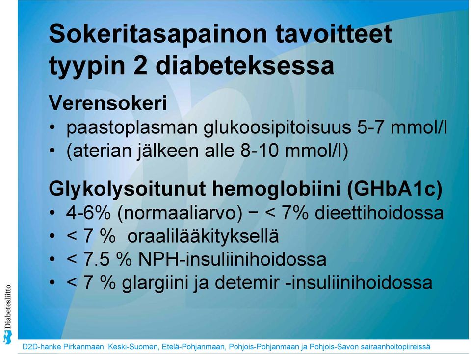 hemoglobiini (GHbA1c) 4-6% (normaaliarvo) < 7% dieettihoidossa < 7 %