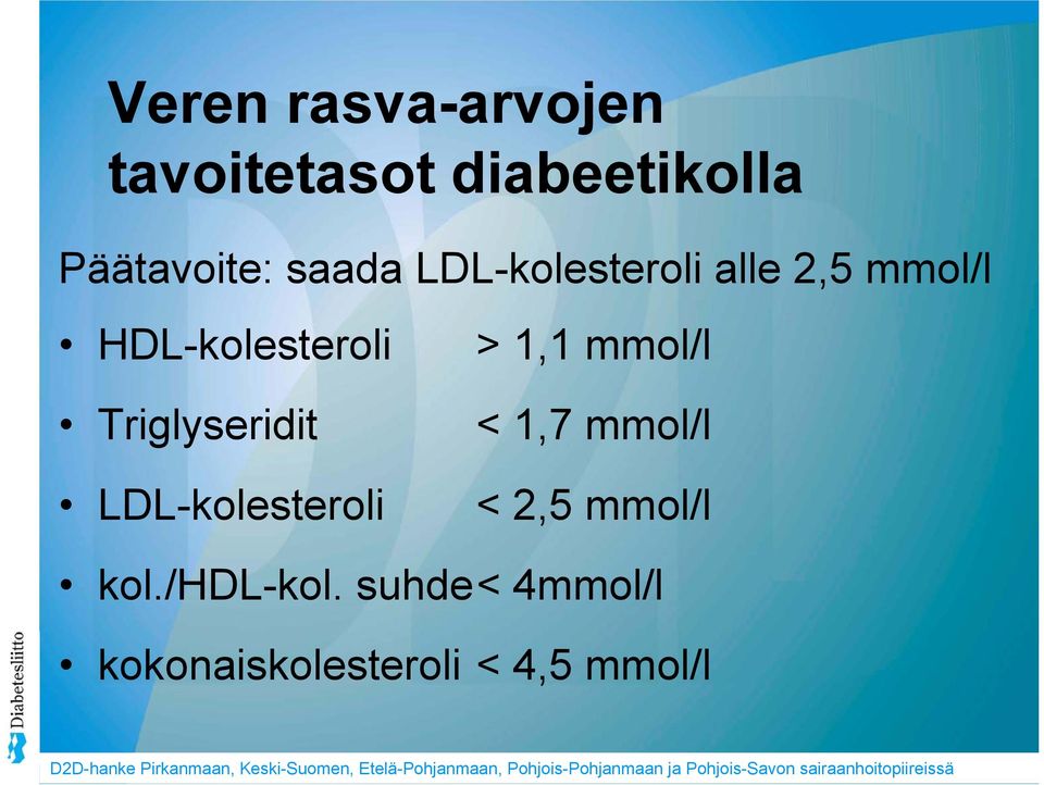 Triglyseridit LDL-kolesteroli > 1,1 mmol/l < 1,7 mmol/l <