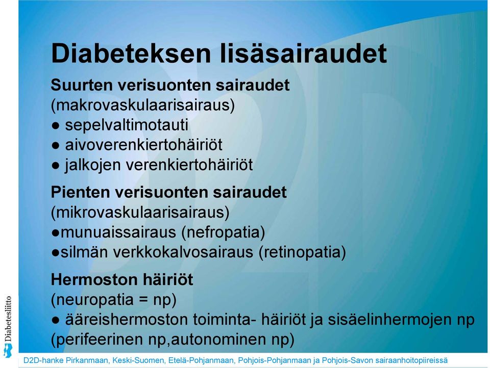 (mikrovaskulaarisairaus) munuaissairaus (nefropatia) silmän verkkokalvosairaus (retinopatia)