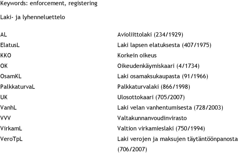 PalkkaturvaL Palkkaturvalaki (866/1998) UK Ulosottokaari (705/2007) VanhL Laki velan vanhentumisesta (728/2003) VVV
