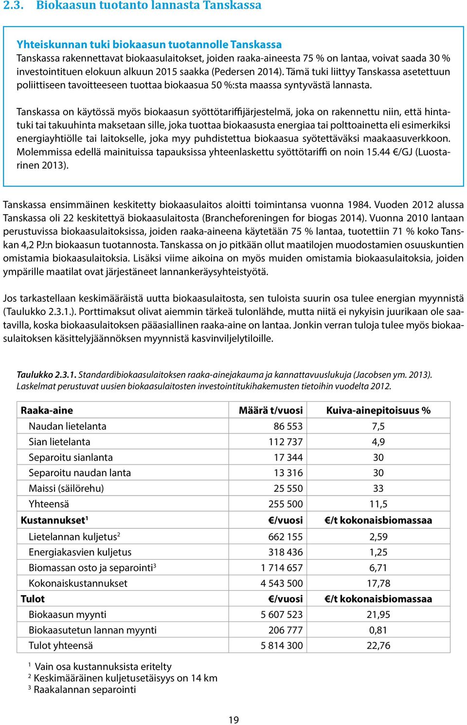 Tanskassa on käytössä myös biokaasun syöttötariffijärjestelmä, joka on rakennettu niin, että hintatuki tai takuuhinta maksetaan sille, joka tuottaa biokaasusta energiaa tai polttoainetta eli