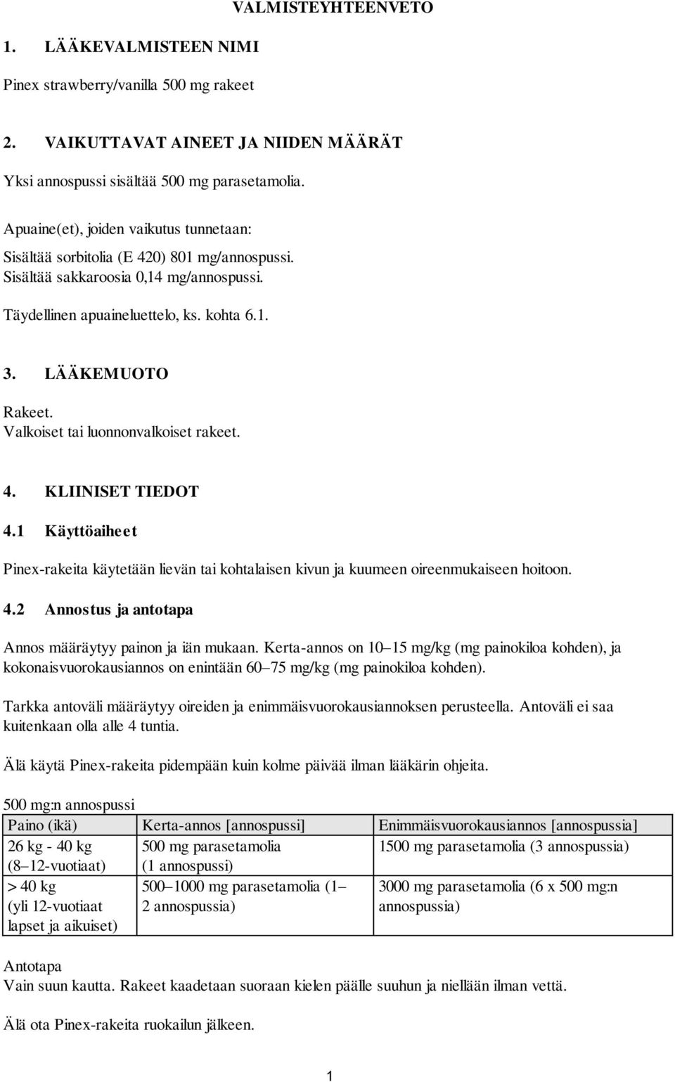 Valkoiset tai luonnonvalkoiset rakeet. 4. KLIINISET TIEDOT 4.1 Käyttöaiheet Pinex-rakeita käytetään lievän tai kohtalaisen kivun ja kuumeen oireenmukaiseen hoitoon. 4.2 Annostus ja antotapa Annos määräytyy painon ja iän mukaan.
