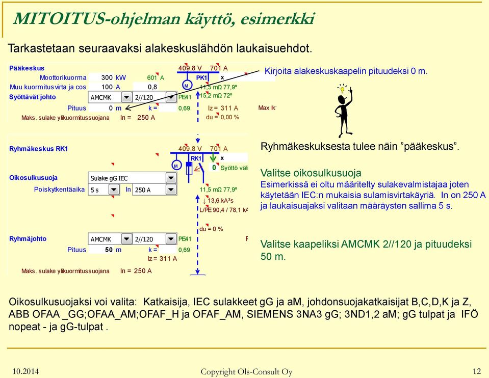 Max Ik1 19,8 ka Maks. sulake ylikuormitussuojana In = 250 A du = 0,00 % Kirjoita alakeskuskaapelin pituudeksi 0 m.