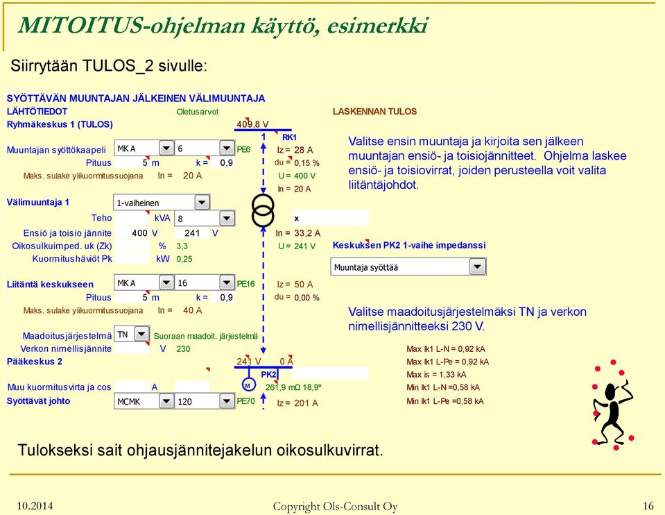 uk (Zk) % 3,3 U = 241 V Keskuksen PK2 1-vaihe impedanssi Kuormitushäviöt Pk kw 0,25 Muuntaja syöttää syöttää Liitäntä keskukseen MK A 16 mm² 16 PE16 Iz = 50 A Pituus 5 m k = 0,9 du = 0,00 % 543 Maks.