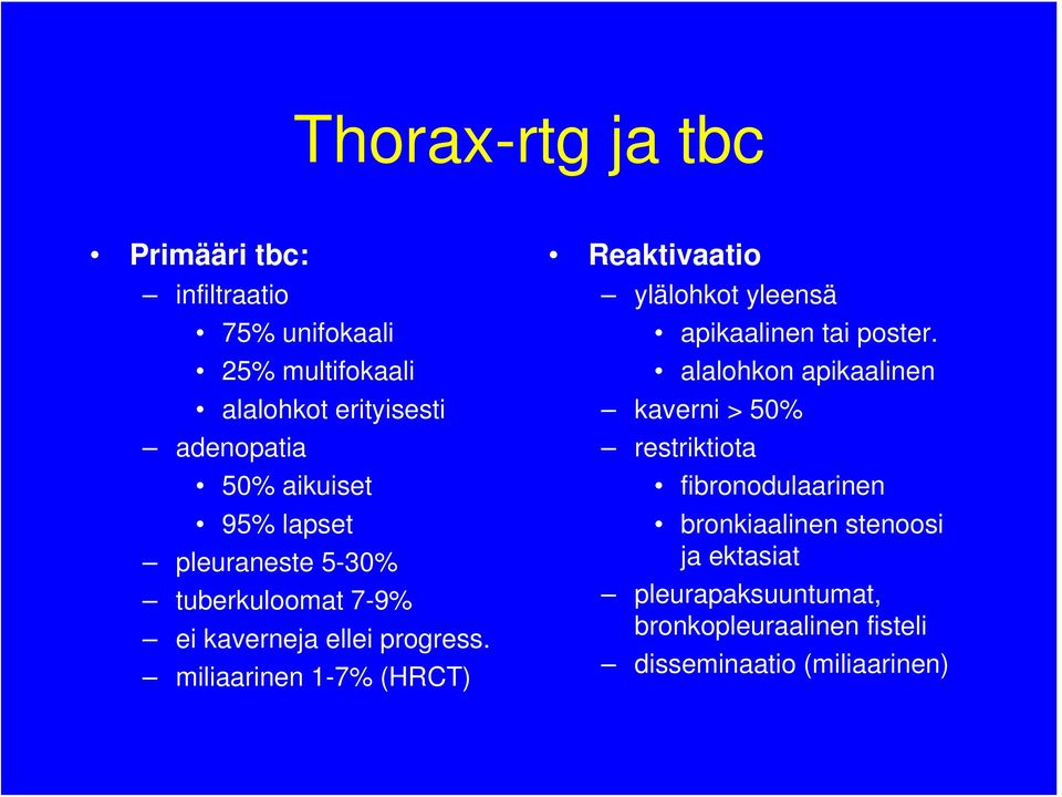 miliaarinen 1-7% (HRCT) Reaktivaatio ylälohkot yleensä apikaalinen tai poster.