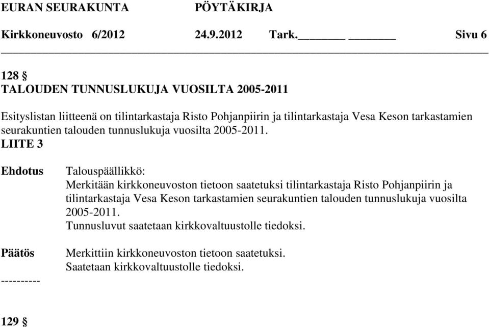 Vesa Keson tarkastamien seurakuntien talouden tunnuslukuja vuosilta 2005-2011.