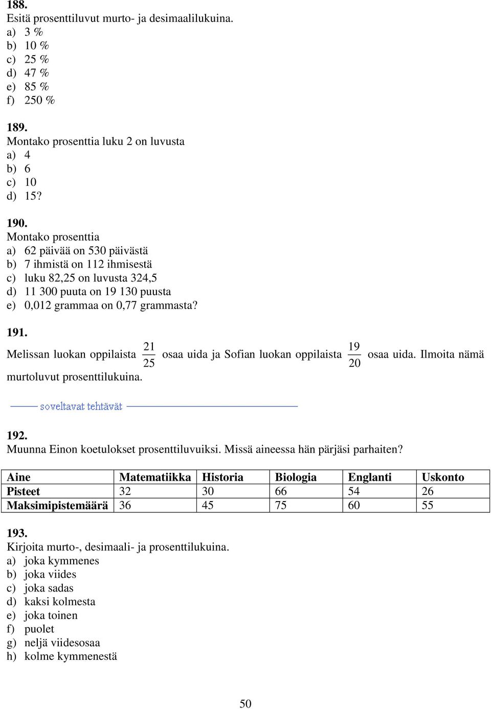 21 19 Melissan luokan oppilaista osaa uida ja Sofian luokan oppilaista osaa uida. Ilmoita nämä 25 20 murtoluvut prosenttilukuina. 192. Muunna Einon koetulokset prosenttiluvuiksi.