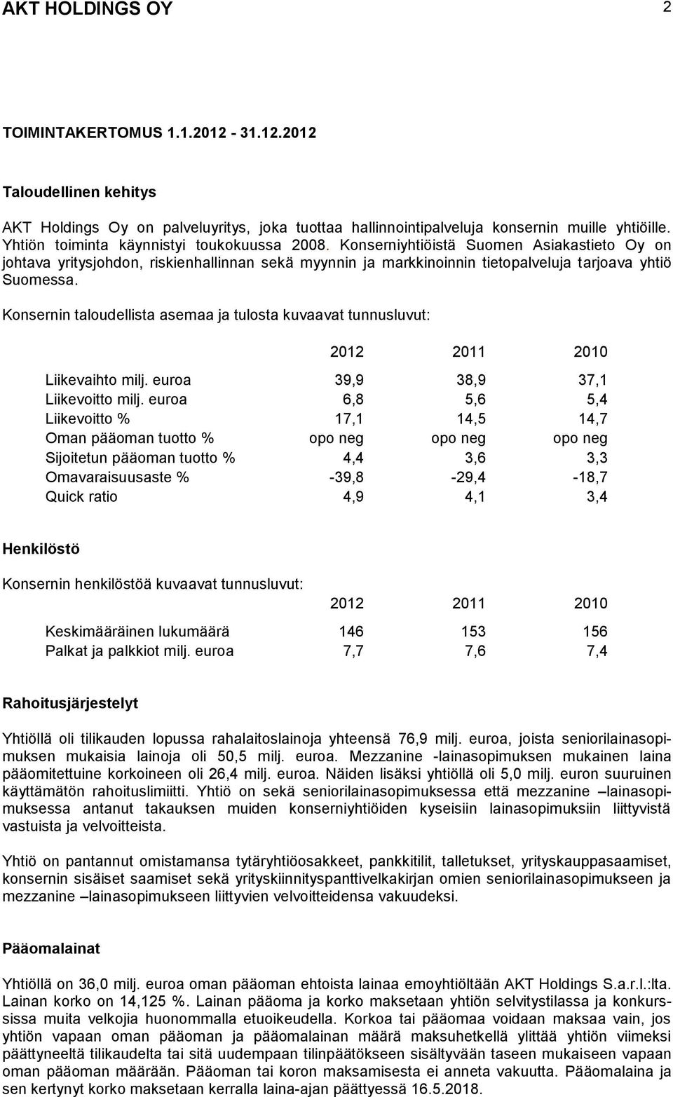 Konsernin taloudellista asemaa ja tulosta kuvaavat tunnusluvut: 2012 2011 2010 Liikevaihto milj. euroa 39,9 38,9 37,1 Liikevoitto milj.