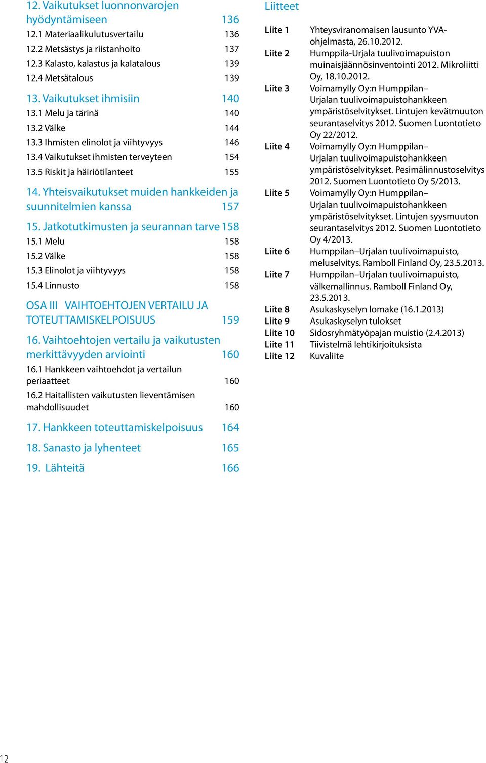Yhteisvaikutukset muiden hankkeiden ja suunnitelmien kanssa 157 15. Jatkotutkimusten ja seurannan tarve 158 15.1 Melu 158 15.2 Välke 158 15.3 Elinolot ja viihtyvyys 158 15.