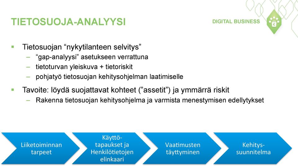 kohteet ( assetit ) ja ymmärrä riskit Rakenna tietosuojan kehitysohjelma ja varmista menestymisen