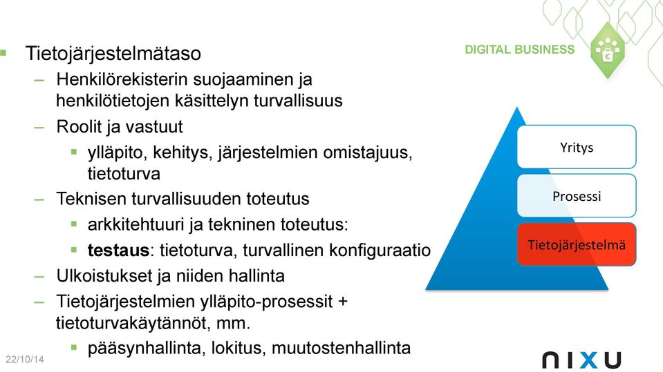 tekninen toteutus: testaus: tietoturva, turvallinen konfiguraatio Ulkoistukset ja niiden hallinta