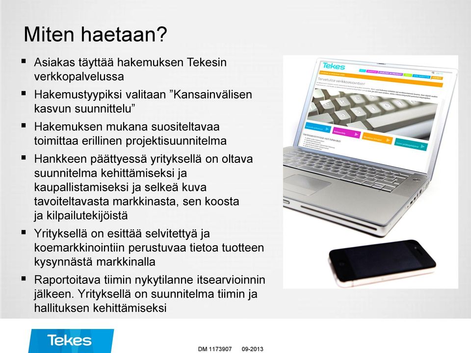 toimittaa erillinen projektisuunnitelma Hankkeen päättyessä yrityksellä on oltava suunnitelma kehittämiseksi ja kaupallistamiseksi ja selkeä kuva