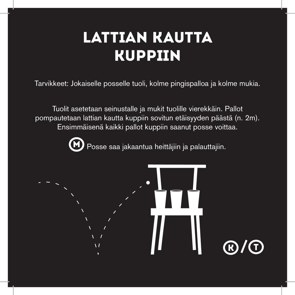 Pallot pompautetaan lattian kautta kuppiin sovitun etäisyyden päästä (n. 2m).