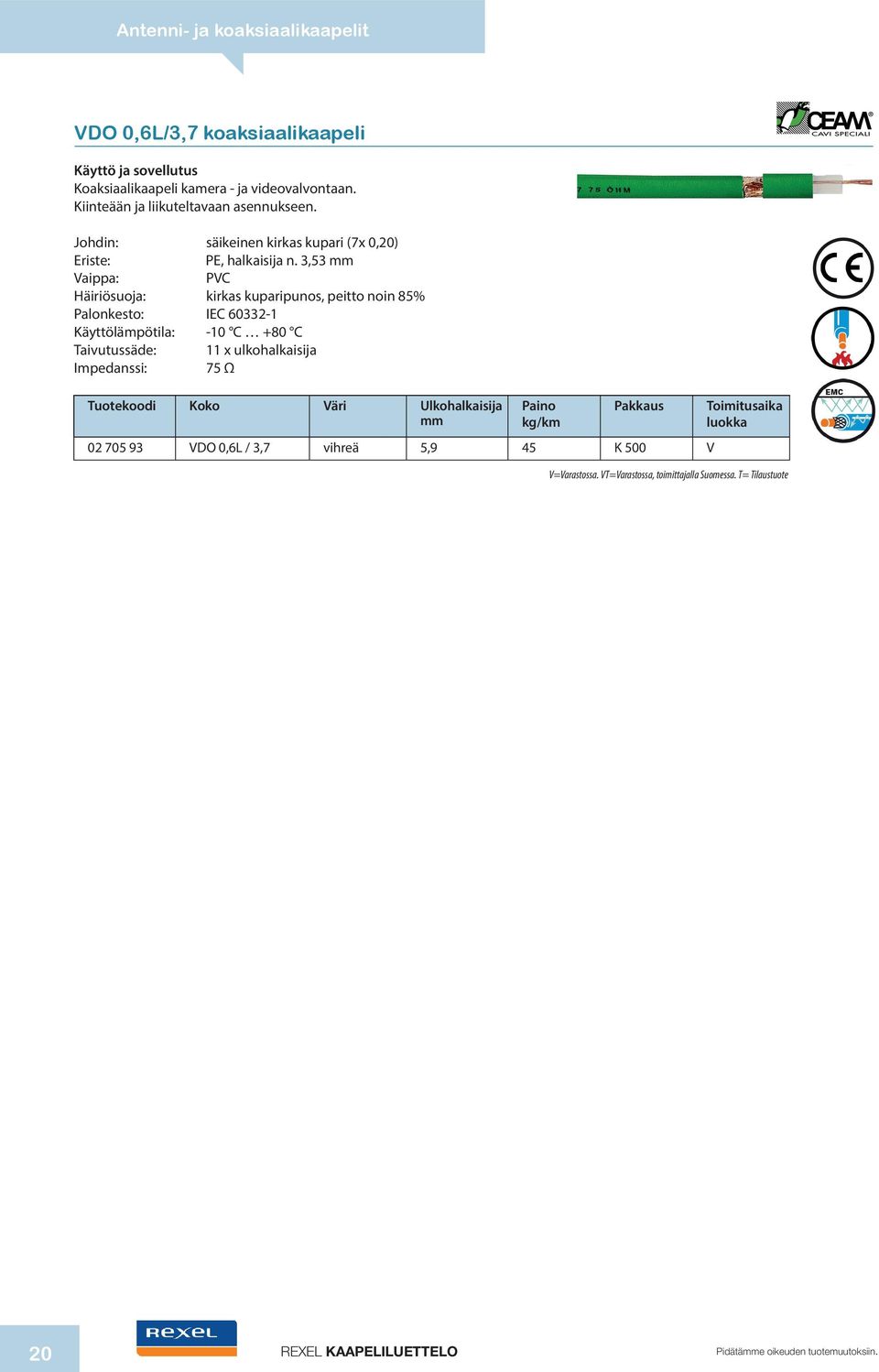 3,53 PVC Häiriösuoja: kirkas kuparipunos, peitto noin 85% Palonkesto: IEC 60332-1 Käyttöläpötila: -10 C +80 C Taivutussäde: 11 x