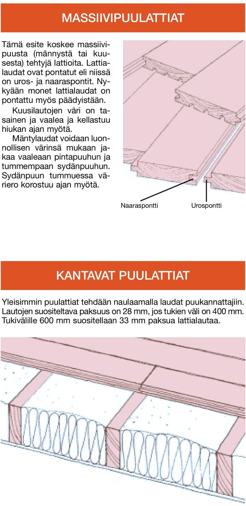 Mäntylaudat voidaan luonnollisen värinsä mukaan jakaa vaaleaan pintapuuhun ja tummempaan sydänpuuhun. Sydänpuun tummuessa väriero korostuu ajan myötä.