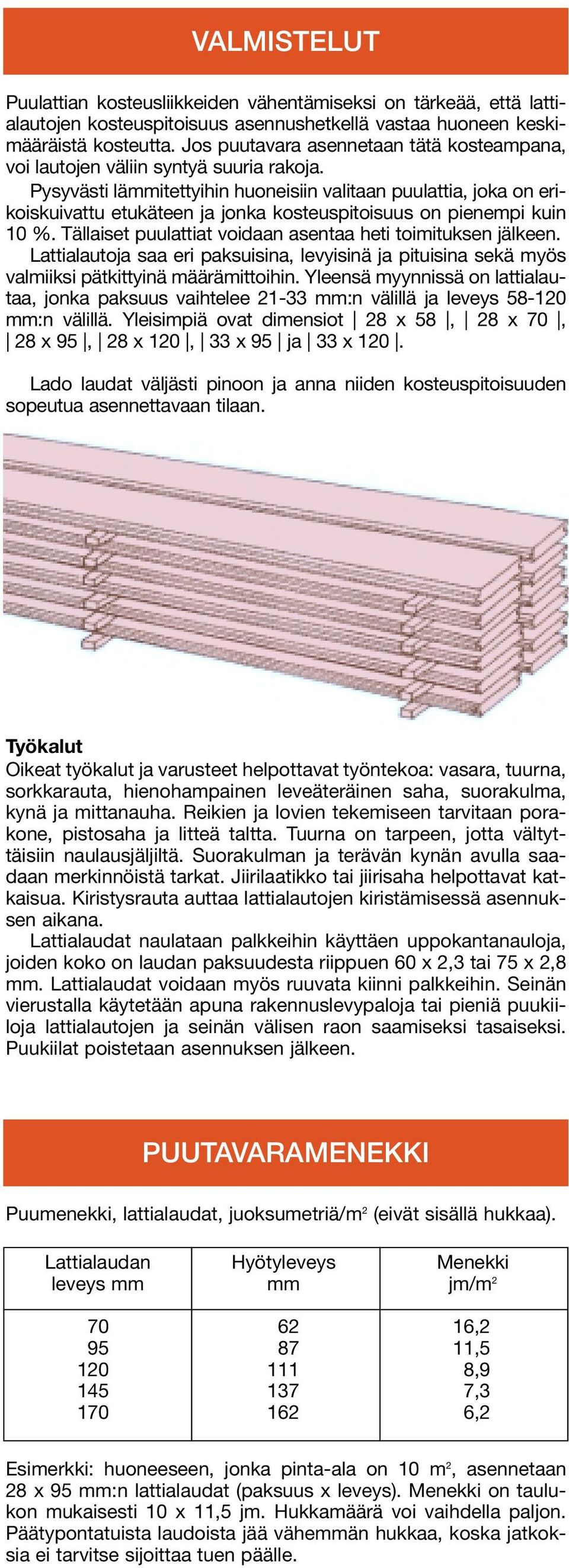 Pysyvästi lämmitettyihin huoneisiin valitaan puulattia, joka on erikoiskuivattu etukäteen ja jonka kosteuspitoisuus on pienempi kuin 10 %.