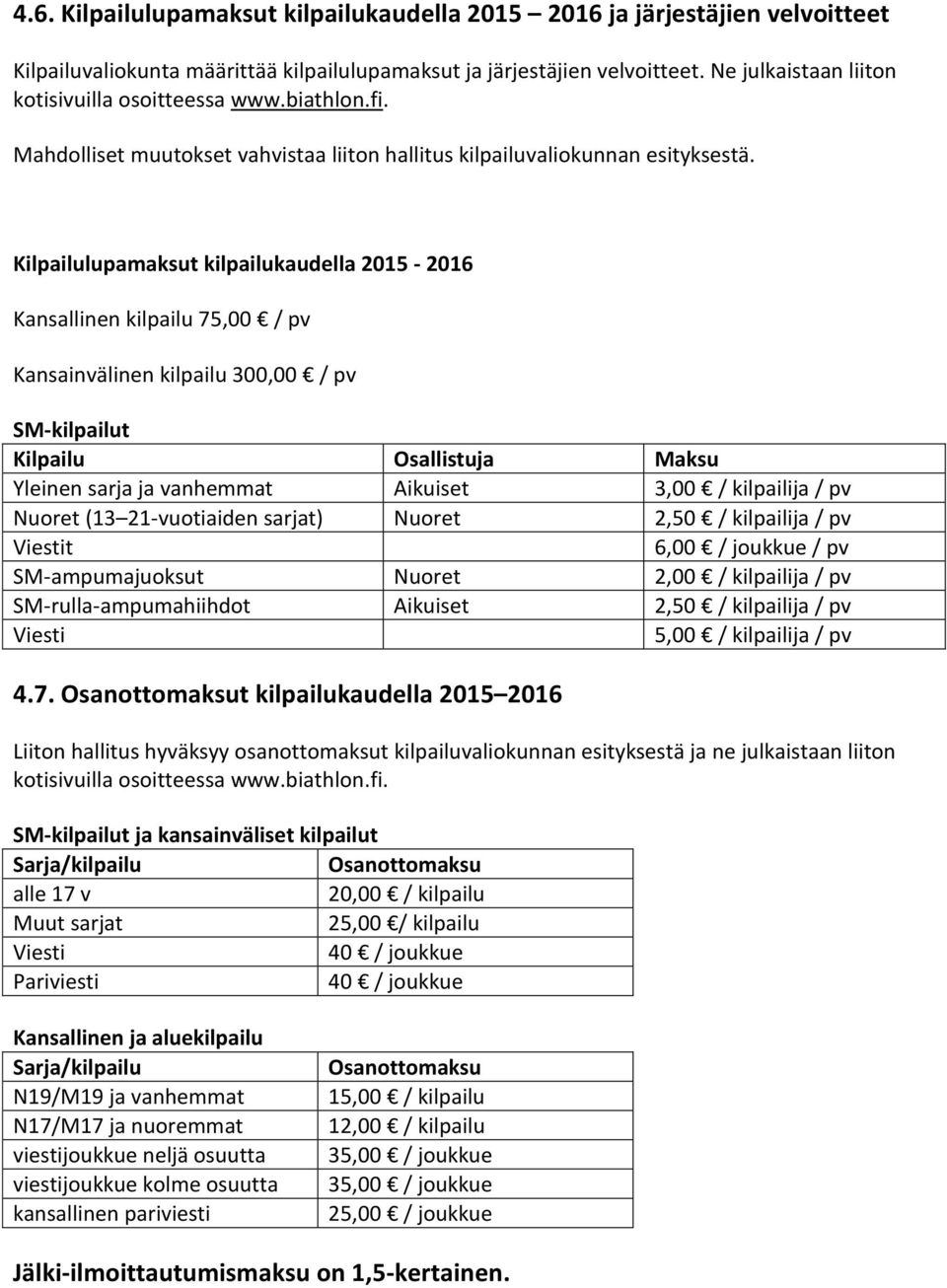 Kilpailulupamaksut kilpailukaudella 2015-2016 Kansallinen kilpailu 75,00 / pv Kansainvälinen kilpailu 300,00 / pv SM-kilpailut Kilpailu Osallistuja Maksu Yleinen sarja ja vanhemmat Aikuiset 3,00 /