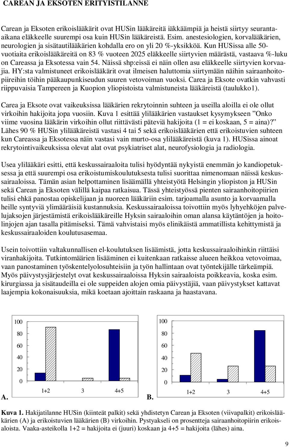 Kun HUSissa alle 5- vuotiaita erikoislääkäreitä on 83 % vuoteen 25 eläkkeelle siirtyvien määrästä, vastaava %-luku on Careassa ja Eksotessa vain 54.