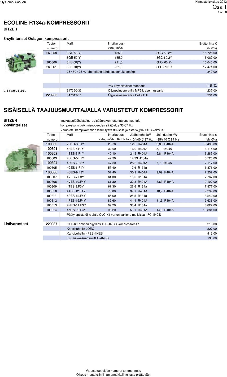 2Y 17 471,00 25 / 50 / 75 % tehonsäätö tehdasasennuksena/kpl 340,00 Y/D-käynnisteiset moottorit + 5 % Lisävarusteet 347320-33 Öljynpaineenvartija MP54, asennussarja 237,00 220983 347319-11