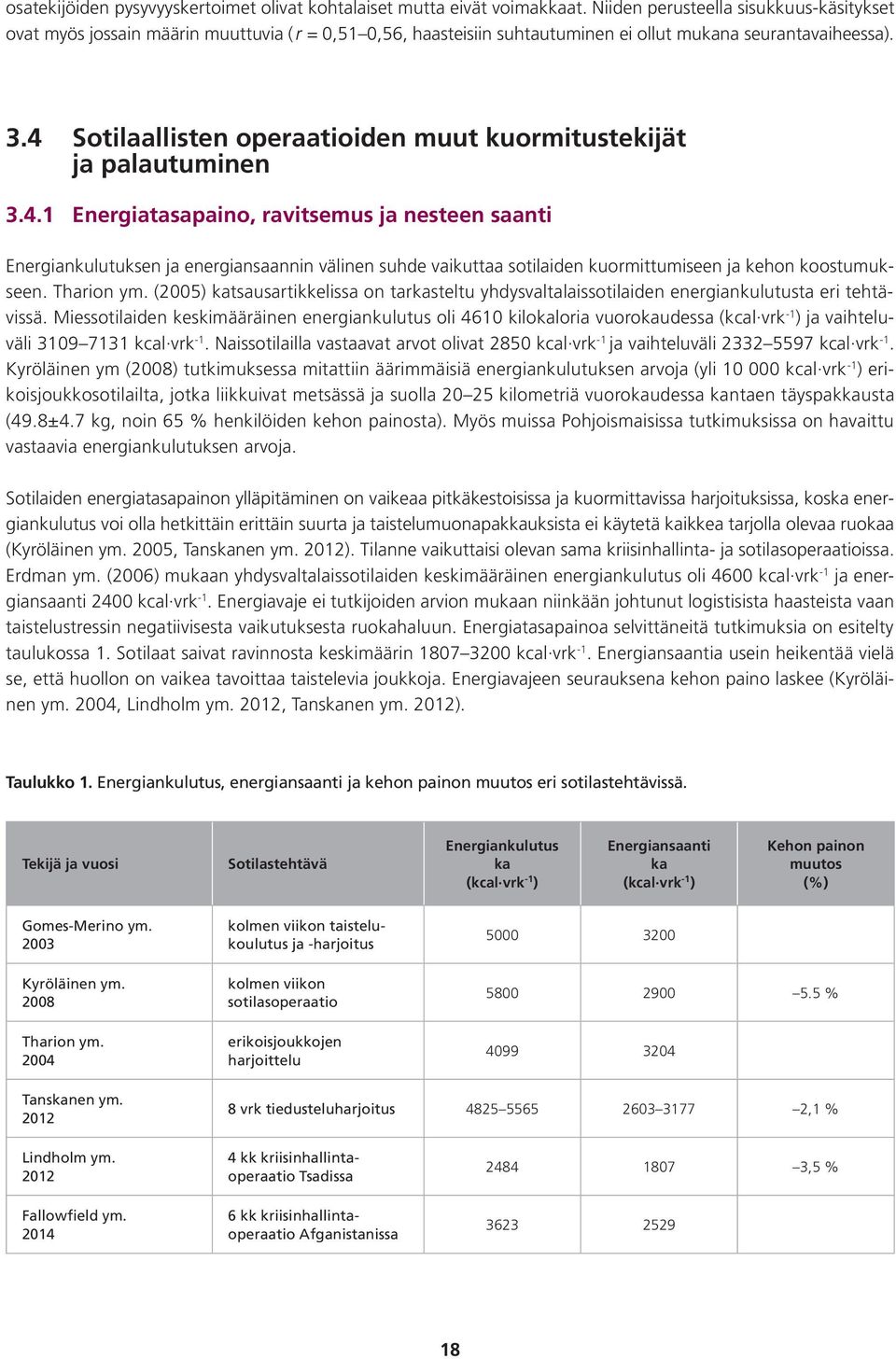 4 Sotilaallisten operaatioiden muut kuormitustekijät ja palautuminen 3.4.1 Energiatasapaino, ravitsemus ja nesteen saanti Energiankulutuksen ja energiansaannin välinen suhde vaikuttaa sotilaiden kuormittumiseen ja kehon koostumukseen.