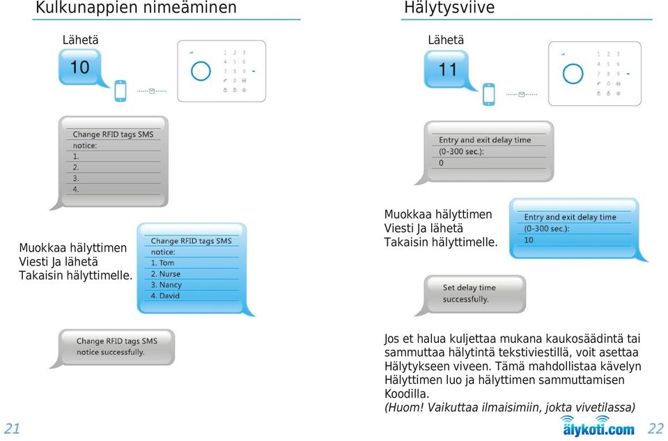 Jos et halua kuljettaa mukana kaukosäädintä tai sammuttaa hälytintä tekstiviestillä, voit asettaa