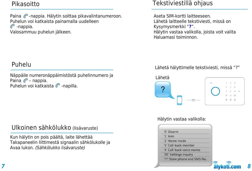 . Hälytin vastaa valikolla, joista voit valita Haluamasi toiminnon. Puhelu Näppäile numeronäppäimistöstä puhelinnumero ja Paina nappia.