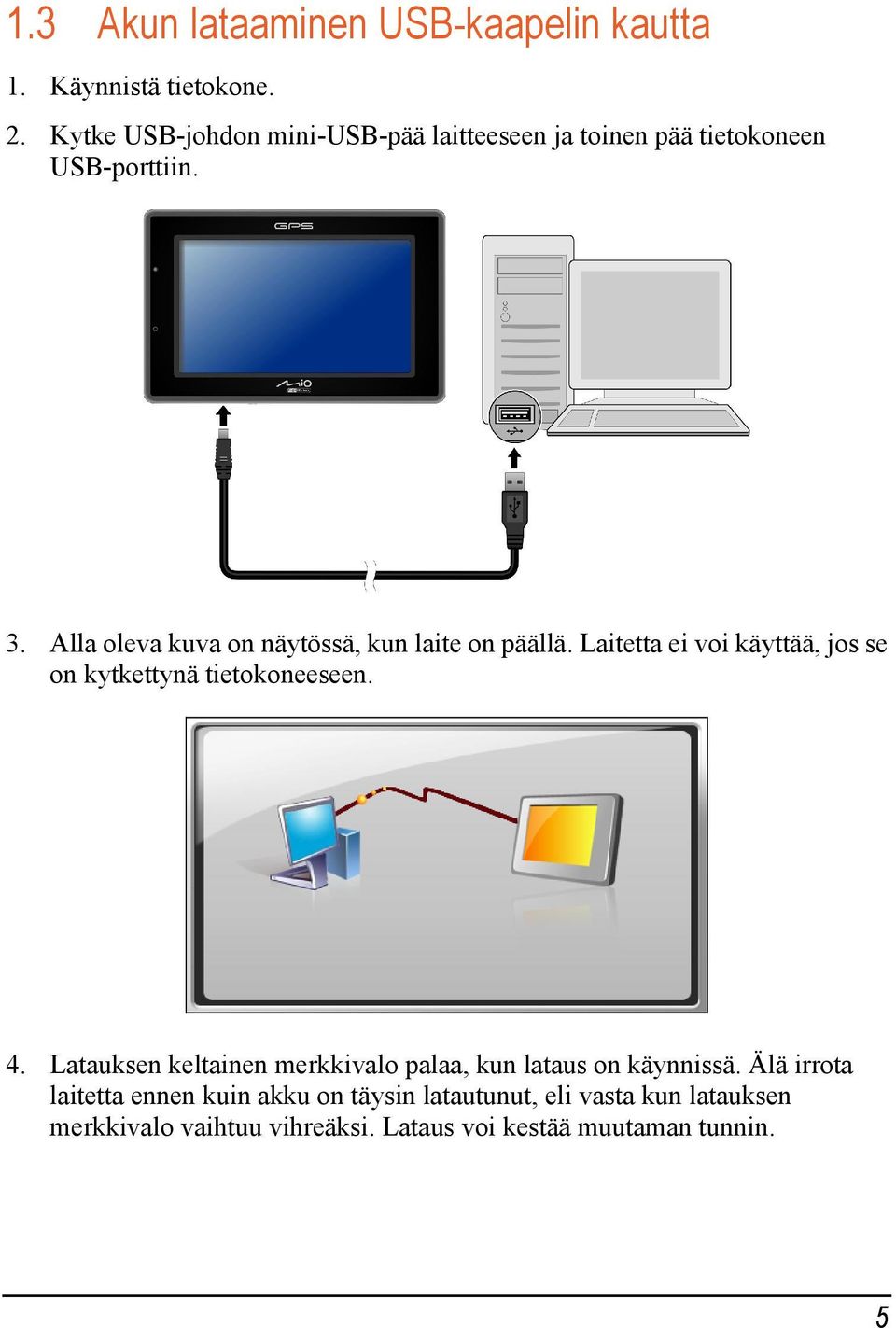 Alla oleva kuva on näytössä, kun laite on päällä. Laitetta ei voi käyttää, jos se on kytkettynä tietokoneeseen. 4.