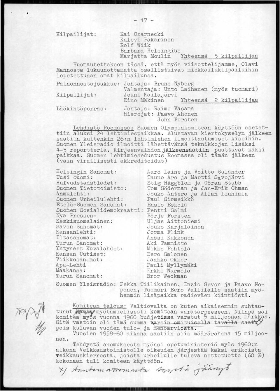 Painonnostojoukkue: Johtaja: Bruno Nyberg Valmentaja : Unto Laihanen (myös tuomari) Kilpailijat: Jouni Kailajärvi Eino Mäkinen Yhteensä 2 kilpailijaa Lääkintäporras: Johtaja: Raimo Vasama Hierojat: