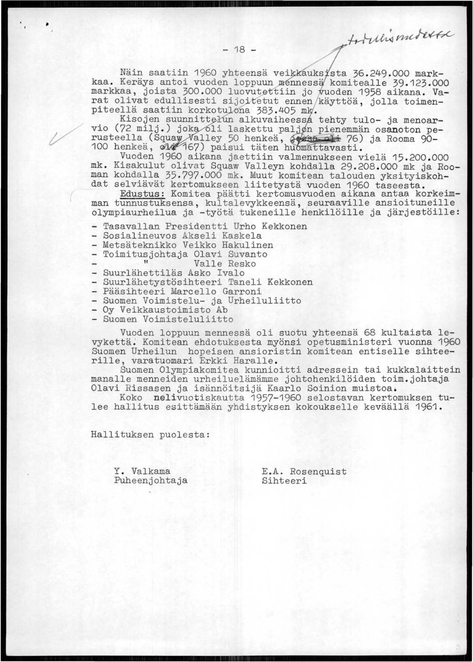) jok oli laskettu pal n pienemmän osanoton perusteella (Squa alley 50 henkeä,. 76) ja Rooma 90-100 henkeä,. 167) paisui täten hu a tavasti. Vuoden 1960 aikana jaettiin valmennukseen vielä 15.200.