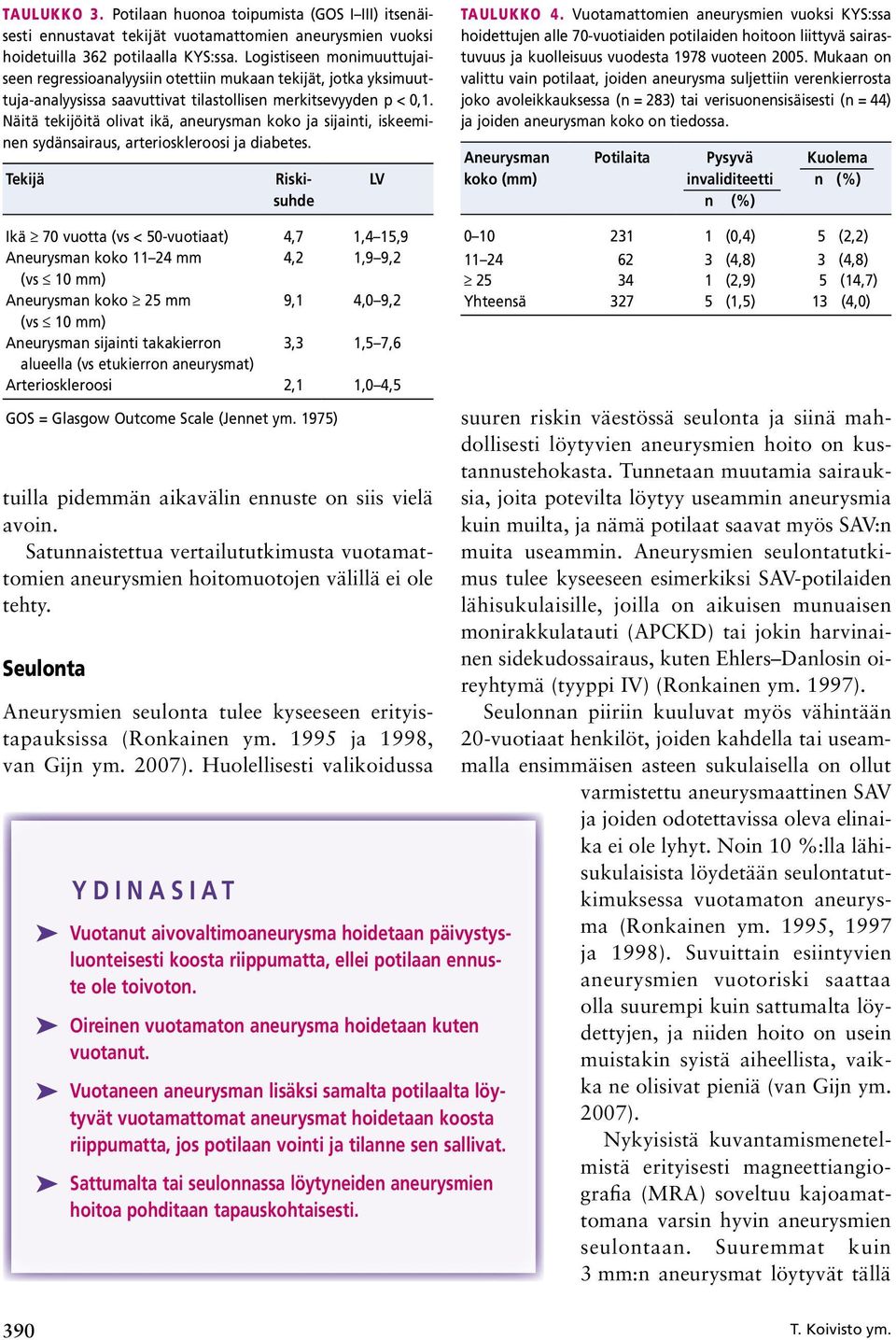 Näitä tekijöitä olivat ikä, aneurysman koko ja sijainti, iskeeminen sydänsairaus, arterioskleroosi ja diabetes. Tekijä Riskisuhde LV Taulukko 4.