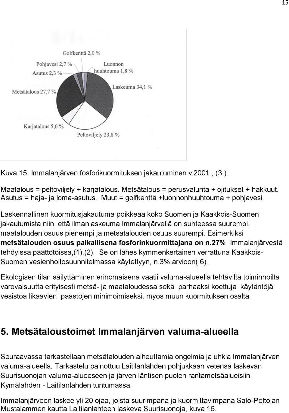 Laskennallinen kuormitusjakautuma poikkeaa koko Suomen ja Kaakkois-Suomen jakautumista niin, että ilmanlaskeuma Immalanjärvellä on suhteessa suurempi, maatalouden osuus pienempi ja metsätalouden