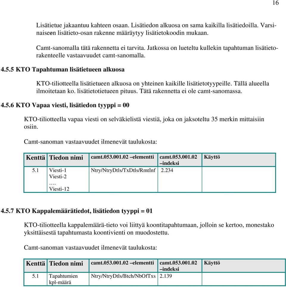 5 KTO Tapahtuman lisätietueen alkuosa KTO-tiliotteella lisätietueen alkuosa on yhteinen kaikille lisätietotyypeille. Tällä alueella ilmoitetaan ko. lisätietotietueen pituus.