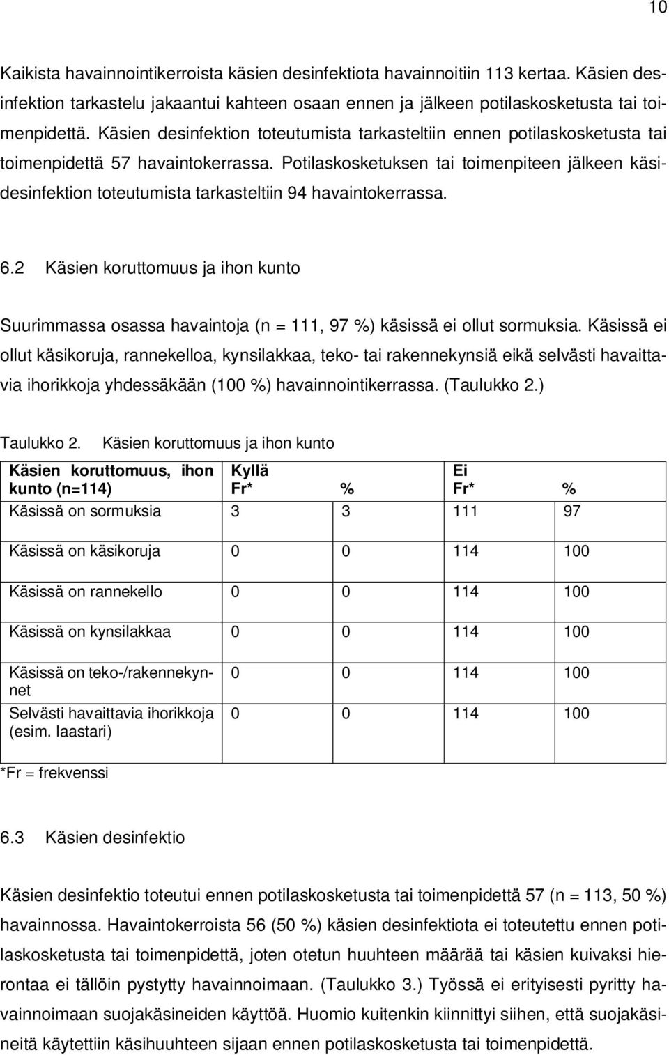 Potilaskosketuksen tai toimenpiteen jälkeen käsidesinfektion toteutumista tarkasteltiin 94 havaintokerrassa. 6.