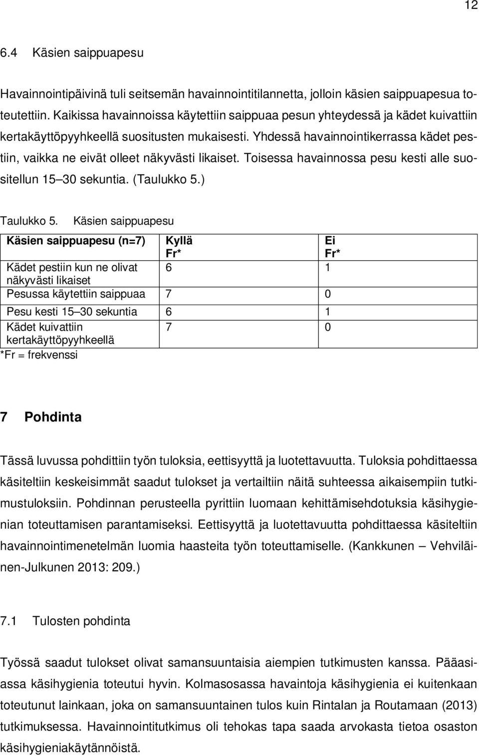 Yhdessä havainnointikerrassa kädet pestiin, vaikka ne eivät olleet näkyvästi likaiset. Toisessa havainnossa pesu kesti alle suositellun 15 30 sekuntia. (Taulukko 5.) Taulukko 5.