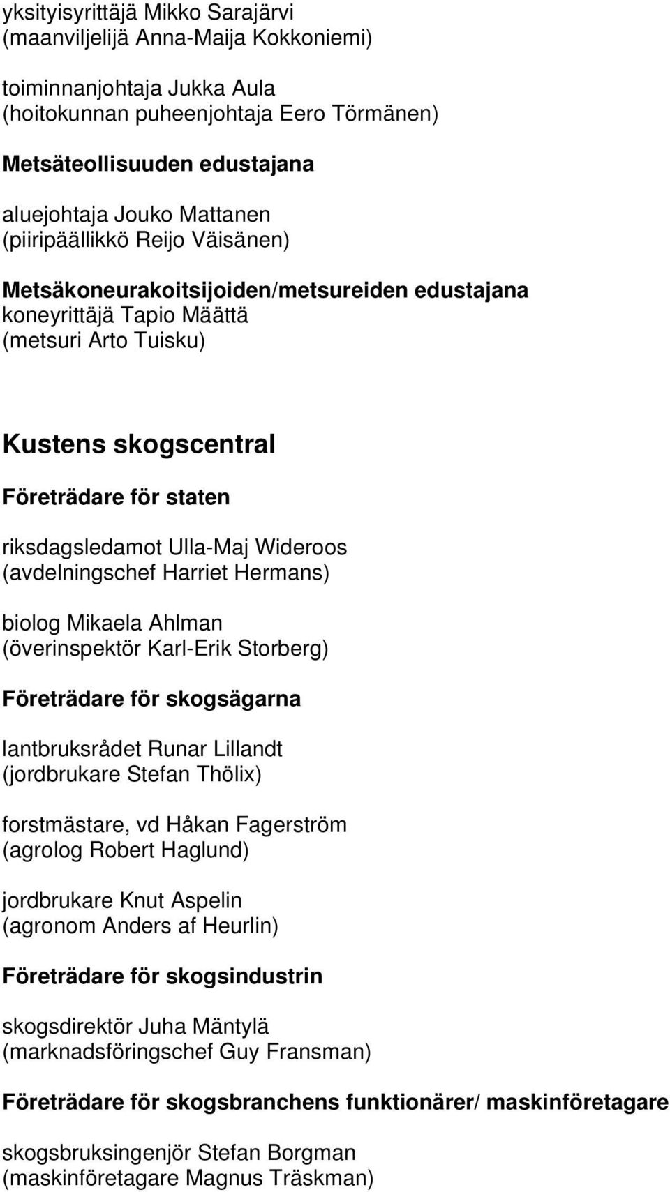 Hermans) biolog Mikaela Ahlman (överinspektör Karl-Erik Storberg) Företrädare för skogsägarna lantbruksrådet Runar Lillandt (jordbrukare Stefan Thölix) forstmästare, vd Håkan Fagerström (agrolog