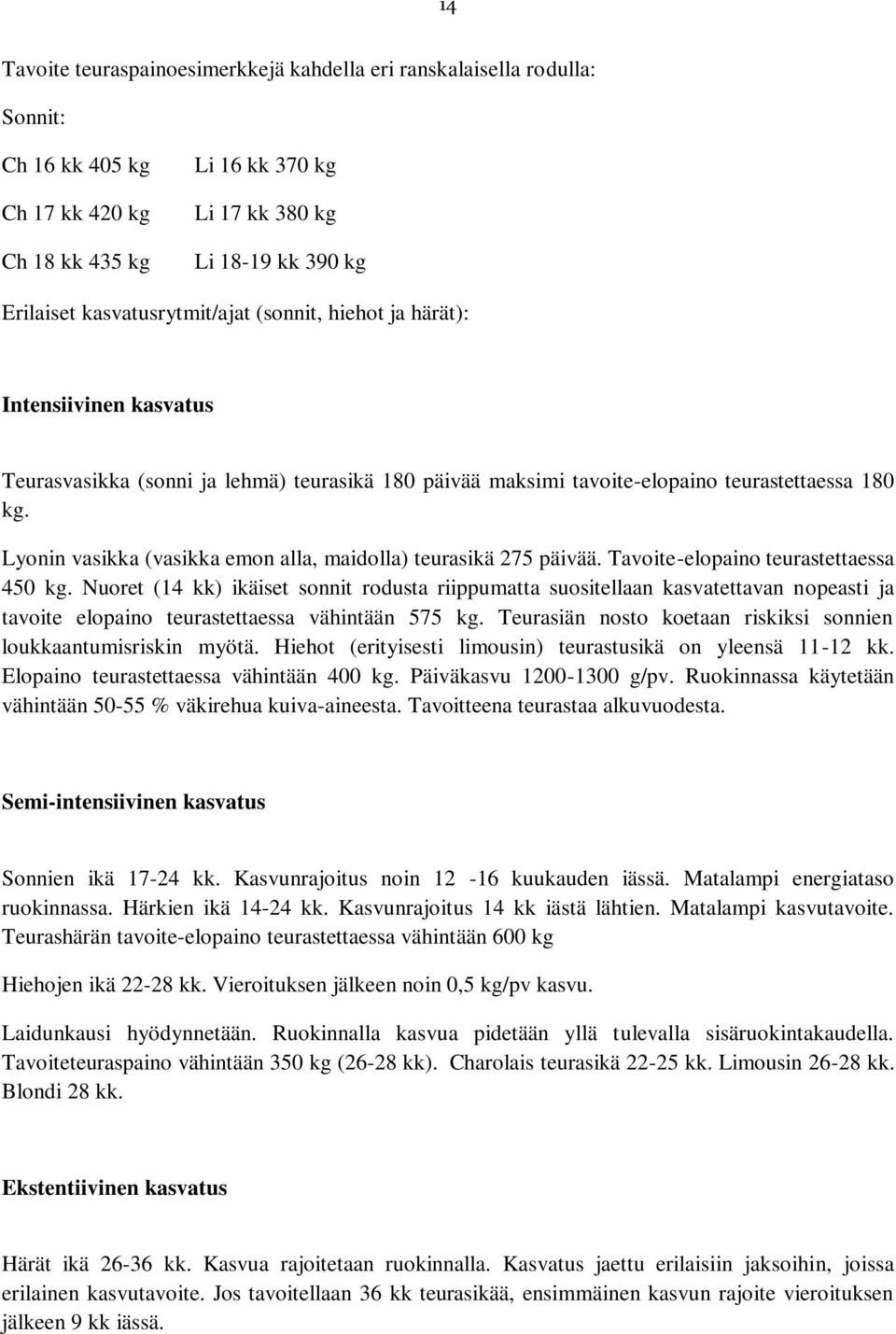 Lyonin vasikka (vasikka emon alla, maidolla) teurasikä 275 päivää. Tavoite-elopaino teurastettaessa 450 kg.