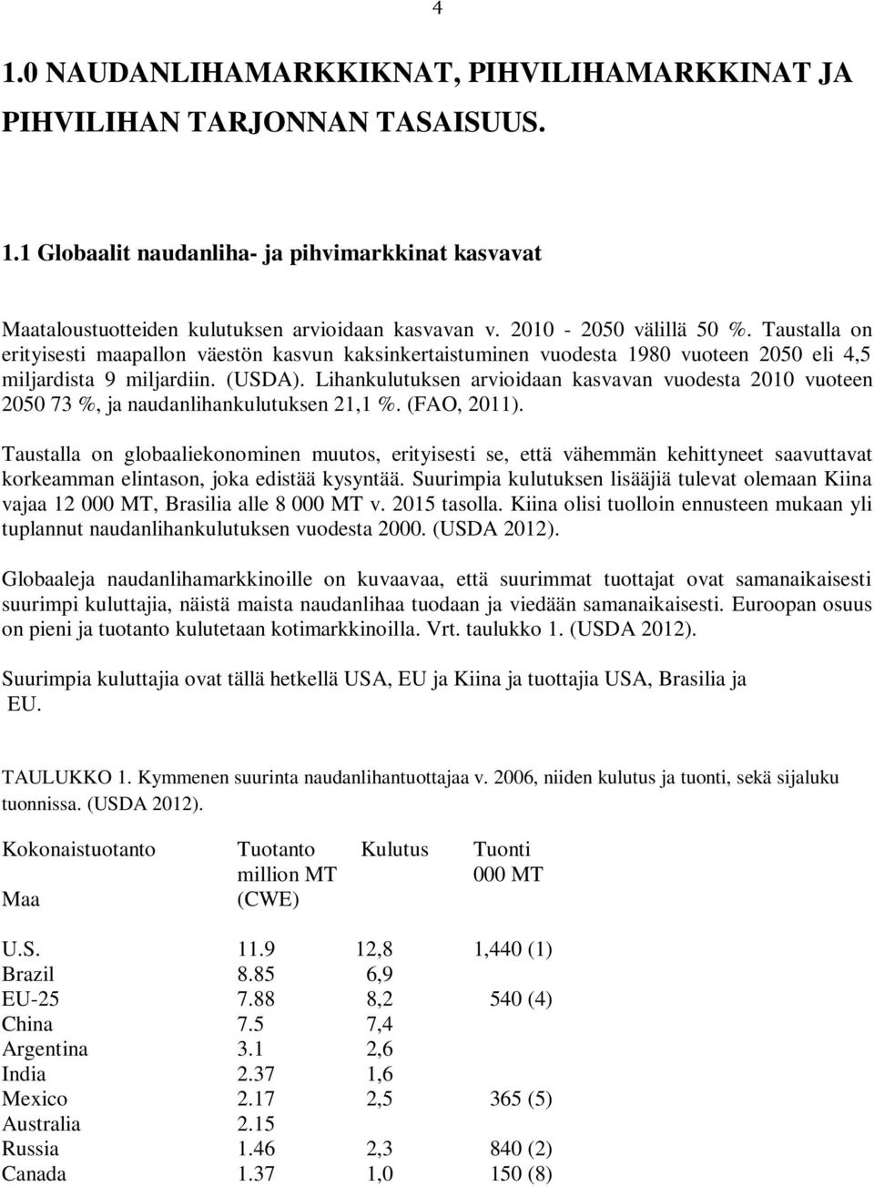 Lihankulutuksen arvioidaan kasvavan vuodesta 2010 vuoteen 2050 73 %, ja naudanlihankulutuksen 21,1 %. (FAO, 2011).