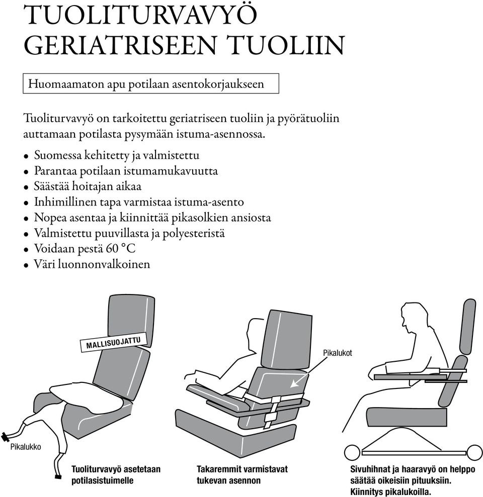 Suomessa kehitetty ja valmistettu Parantaa potilaan istumamukavuutta Säästää hoitajan aikaa Inhimillinen tapa varmistaa istuma-asento Nopea asentaa ja kiinnittää